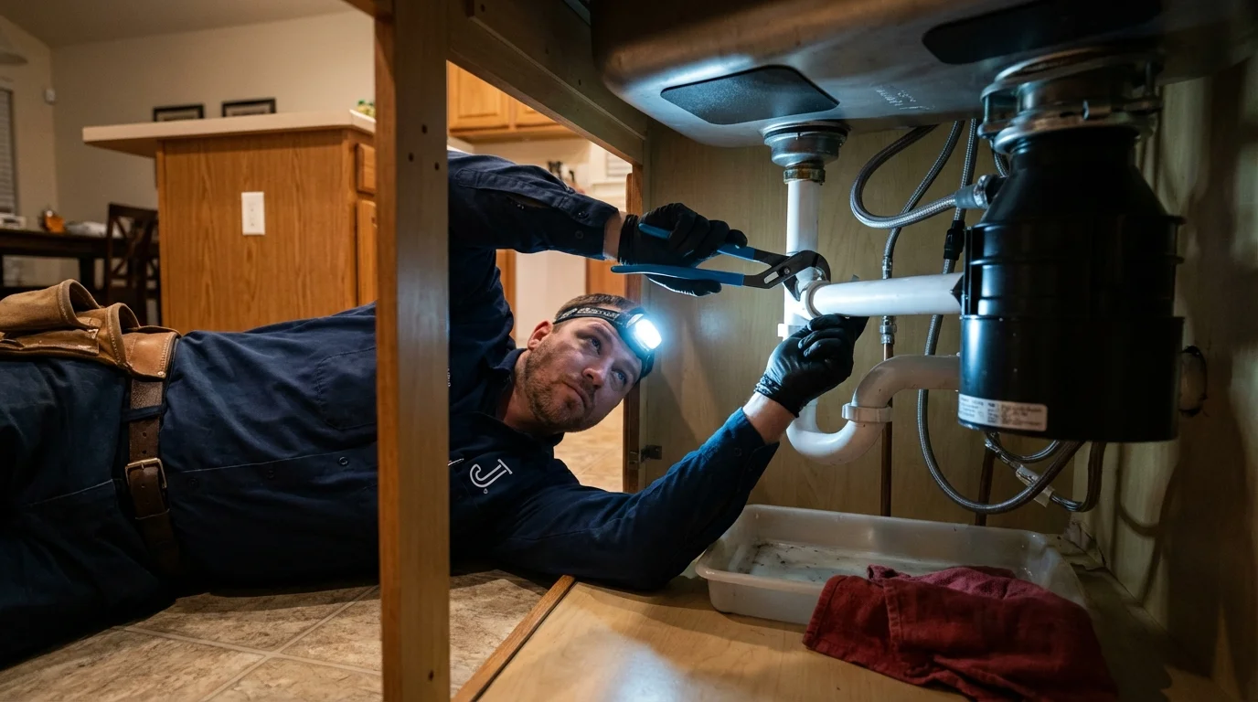 P-trap and supply line connections under a kitchen sink showing a common leak point in Elizabethtown, PA